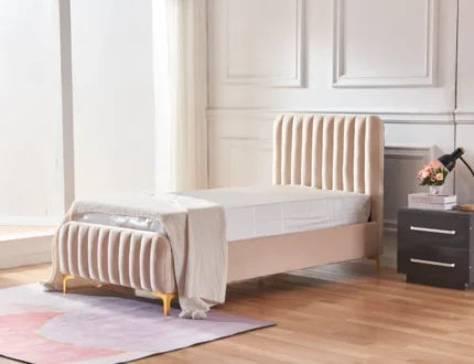 LIT FAYE CAPITONNE EN LIGNE VELOURS BEIGE 90×190 cm