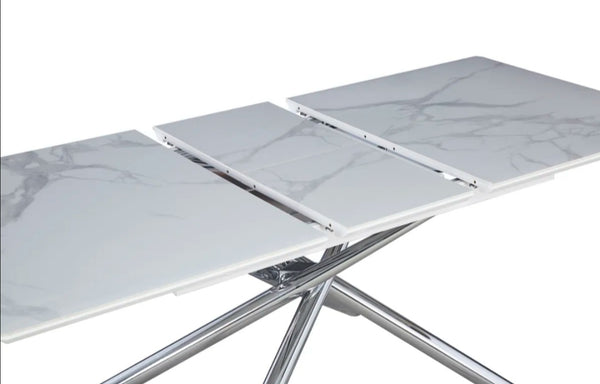 Table Extensible a Rallonge Zephir Pied Chrome Ceramique Marbre Blanc 160