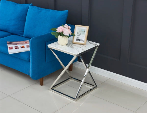 Gueridon Beverly Marbre Blanc 40x40x55 CM Pied Chrome