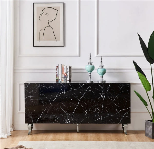 Buffet Baroque Laque Marbre Noir 3 Portes 160x40x80 CM Pied Argent