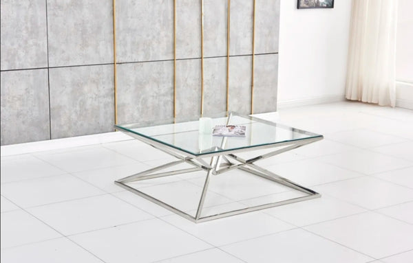 Table Basse Carree Pyramide Chrome Transparent 100x100x45 CM