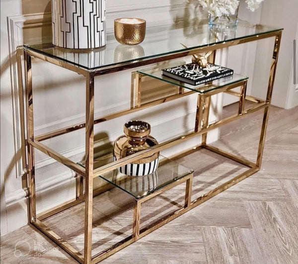 Console Romy a Etagere Transparent 120x40x80 CM Pied Gold