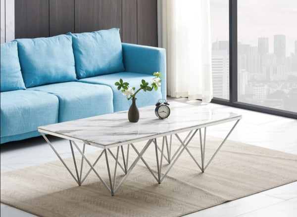 Table Basse Gizeh Pied Chrome Marbre Blanc 80x80x45 CM