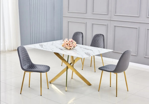 Table Repas Jessica Rectangle Pied Gold Plateau Marbre Blanc