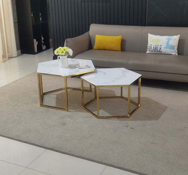 Table Basse Gigogne Duo Hexagone Pied Dore