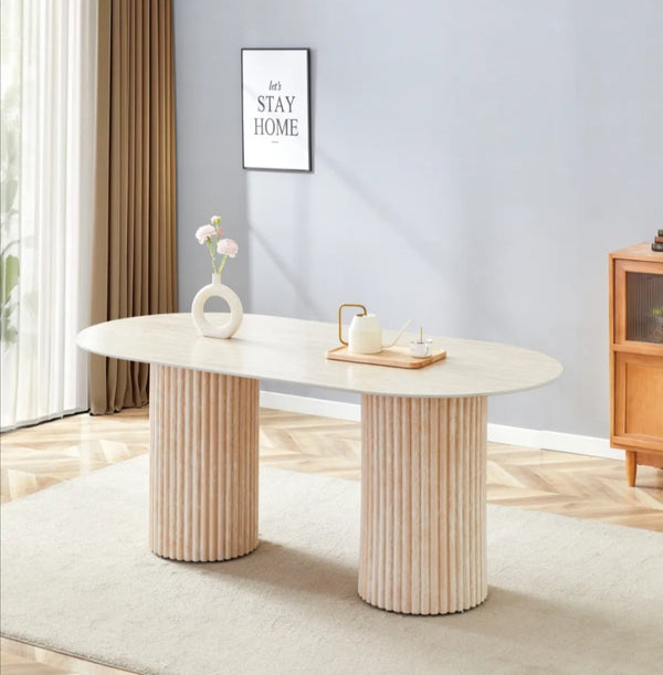 Table a Manger Keysha Pied Travertin Plateau Ceramique Travertin Brillant 180x90X75 CM