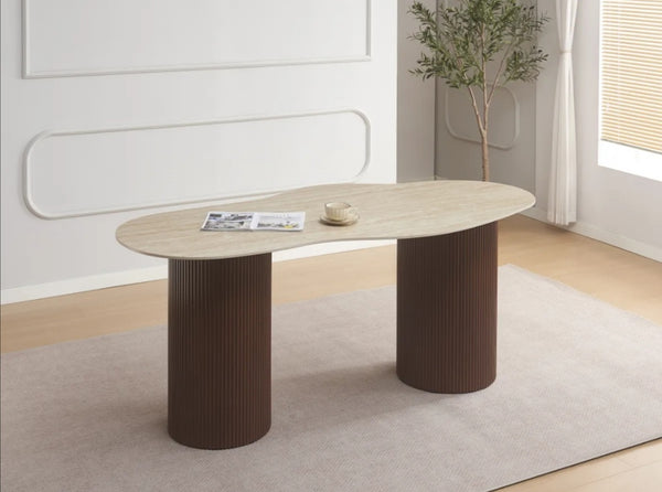 Table a Manger Niki Pied Noyer Plateau Ceramique Travertin Mat 180x90x75 CM