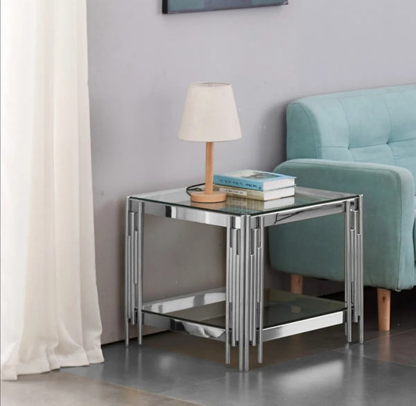 Gueridon Flute Chrome Double Plateau Au Transparent 50x50x55 CM