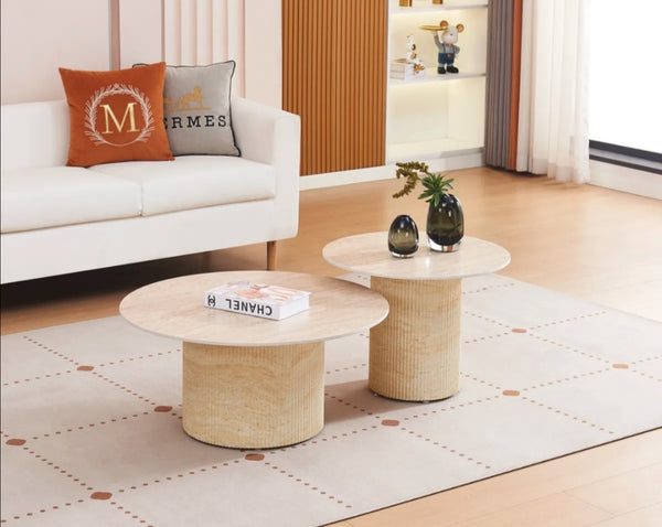 Table basse Duo Baieta Pied Beige Ceramique Travertin 80x38/60x45