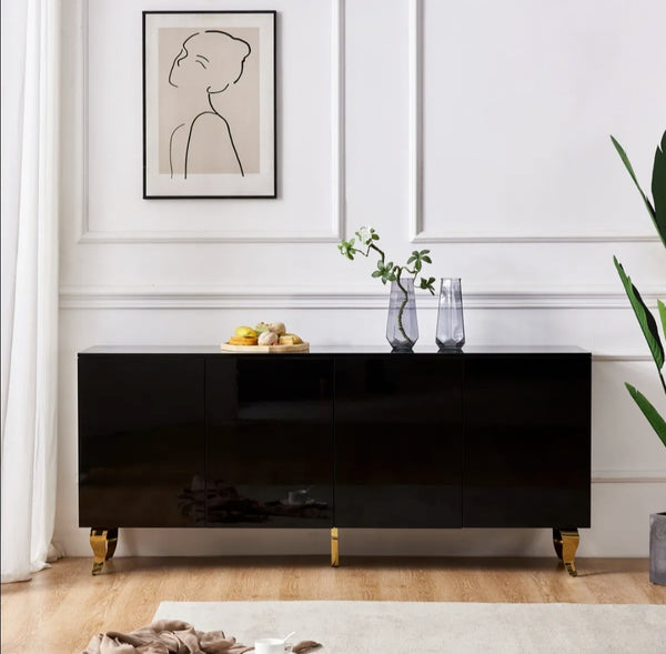 Buffet Baroque Laque Noir 4 Portes 180x40x80 CM Pied Dore