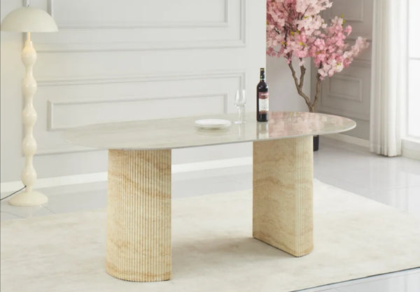Table a Manger Anna Pied Metal Effet Travetin Brillant 180x90x75 CM