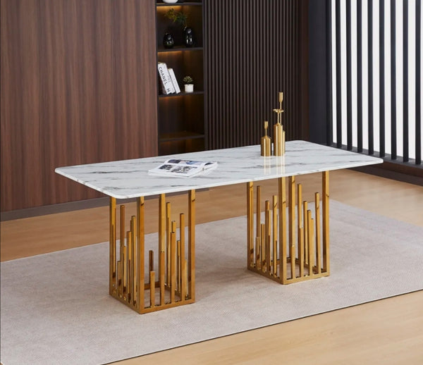 Table Repas Stalax Pied Gold Pierre Marbre Blanc 180x90x75 CM