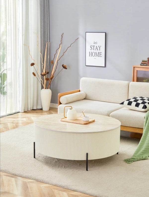 Table basse Ruby Pied Beige Ceramique Travertin Mat 90 CM