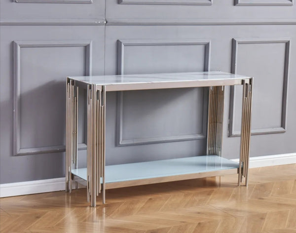 Console Flute En Chrome Marbre Blanc 120x40x78 CM