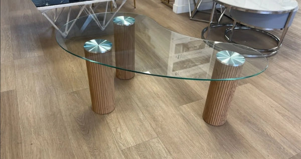 Table basse Pylone Pied Chene Plateau Transparent 120x70x45 CM