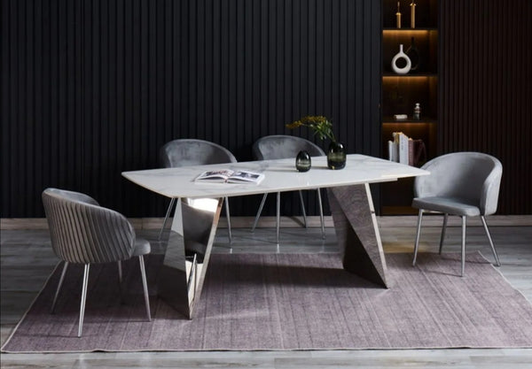 Table a Manger Graffi Pied Chrome Plateau Ceramique Marbre Blanc 180x90x75 CM