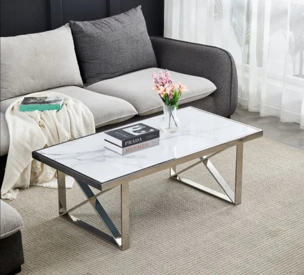 Table Basse Levanto Pied Chrome Marbre Blanc 120x60x45 CM