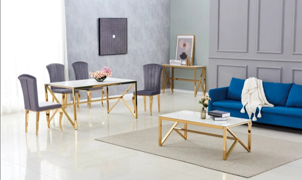 Table a Manger Majestique Gold Verre Marbre Blanc 150x90x75 CM