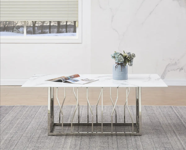 Table Basse Portofino Pied Chrome Marbre Blanc 120x70x45 CM
