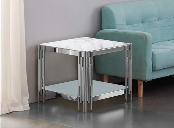 Gueridon Flute Chrome Plateau Verre Effet Marbre Et Verre Blanc