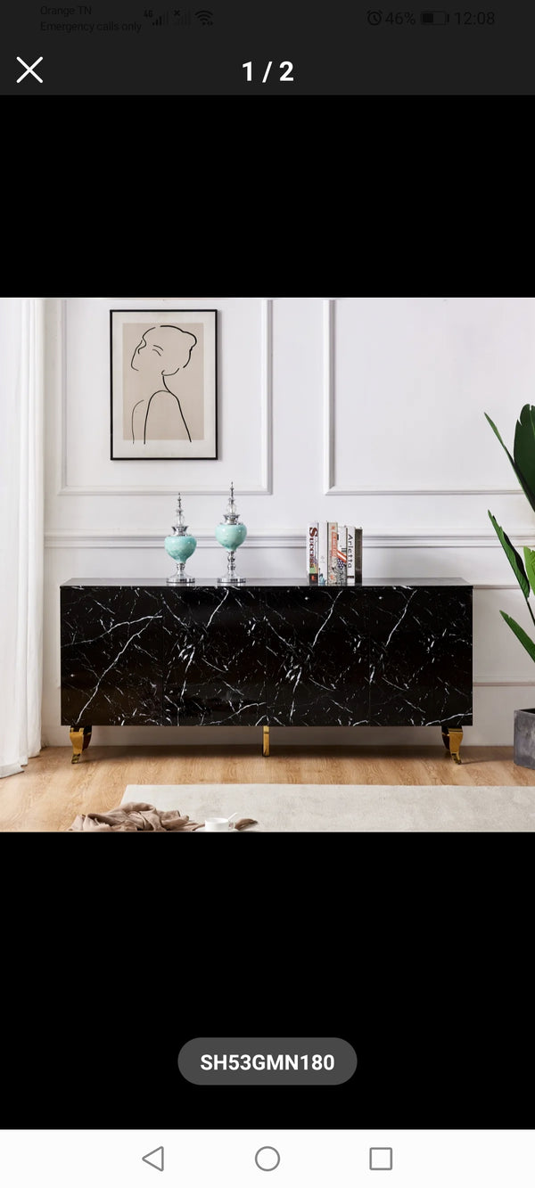 Buffet Baroque Laque Marbre Noir 4 Portes 180x40x80 CM Pied Dore