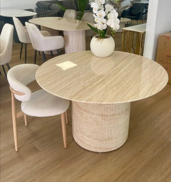Table a manger Ronde Baietaa Plateau Ceramique Travertin Brillant Pied Effet Travertin 120 CM