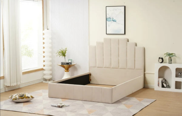 Cadre de Lit Piano 140x190 CM Velours Beige Vendu Sans Sommier