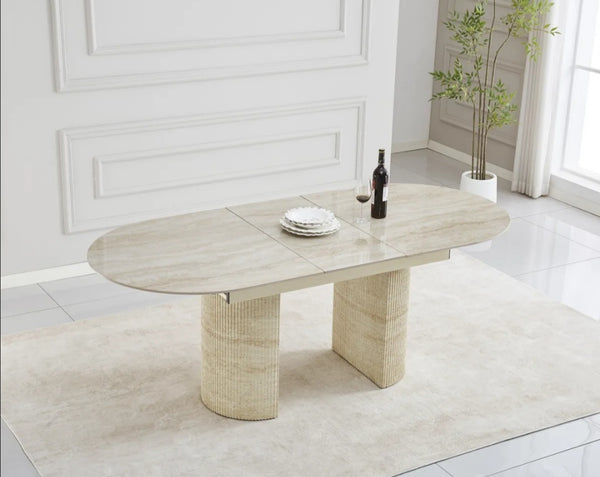 Table Extensible Sahara Pied Effet Travertin Plateau Ceramique Travertin 160/200x90x75 CM