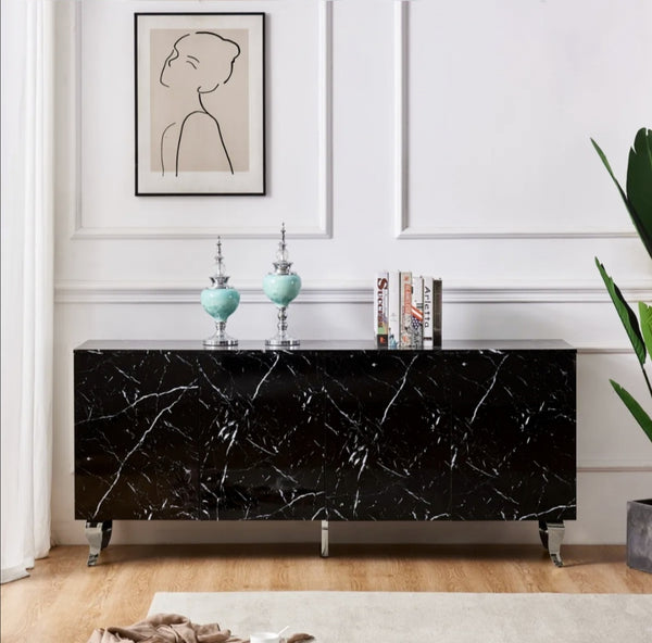 Buffet Baroque Laque Marbre Noir 4 Portes 180x40x80 CM Pied Argent