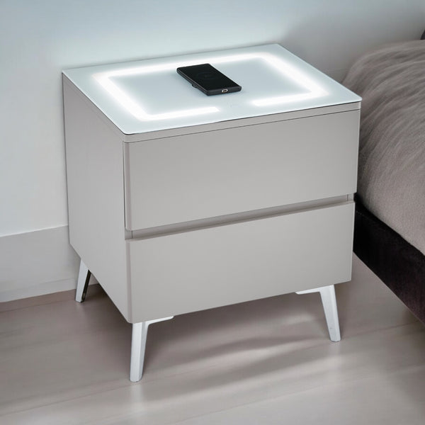 Chevet Lydia LED Chargeur  Induction Bois Mat Pied Argent