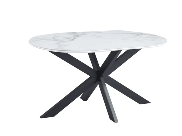 Table Repas Manon Pied Metal Noir Plateau Ceramique Marbre Blanc 180x90 CM