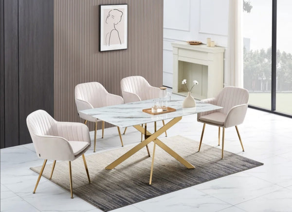 Table Rectangulaire Jessica Gold Marbre Blanc 180x90x75 CM