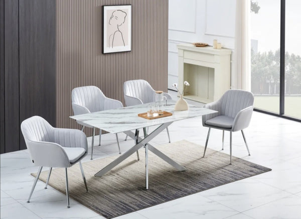 Table Repas Jessica Rectangle Pied Chrome Plateau Marbre Blanc