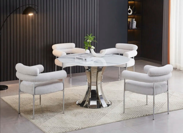 Table a Manger Ronde Judith Chrome Plateau Ceramique Marbre Blanc 120 CM