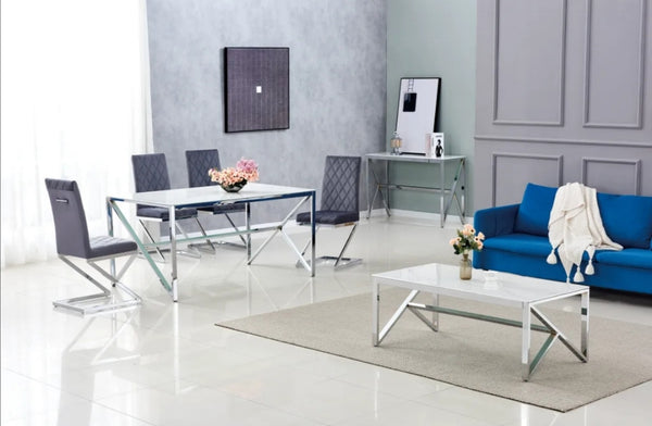 Table a Manger Majestique Chrome Verre Marbre Blanc 150x90x75 CM
