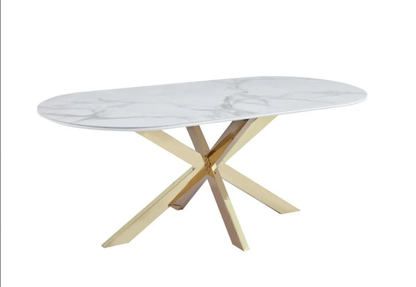 Table Repas Manon Pied Gold Plateau Ceramique Marbre Blanc 180x90 CM